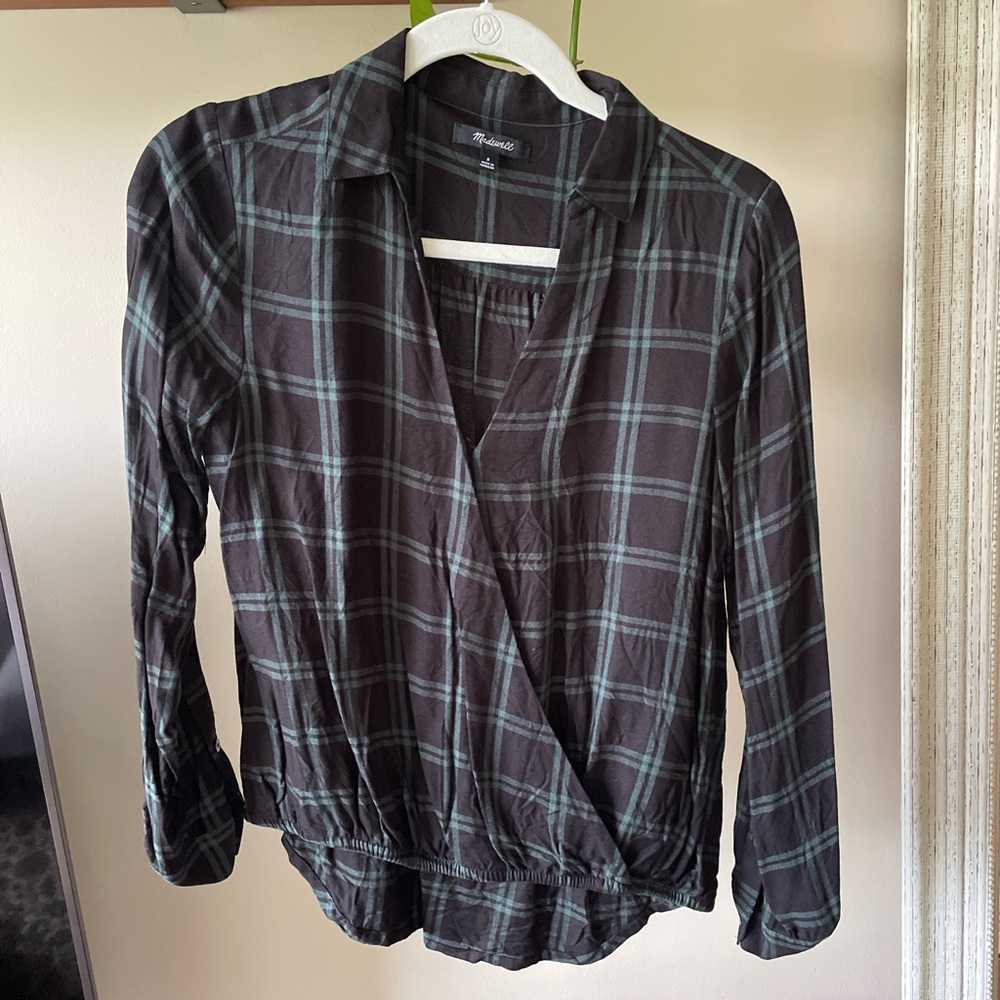 Madewell Green Blue Plaid Wrap Blouse Women's Small Soft Flannel Top